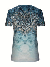 Back view of french blue Printed Notched Short Sleeve Blouse with loose silhouette