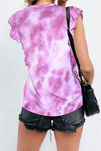 Back view of the Ruffled Printed T-Shirt showing cap sleeve detail and rounded neckline in Heliotrope Purple.