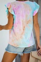 Back view of the Ruffled Printed T-Shirt showing cap sleeve detail and rounded neckline in pastel blue.