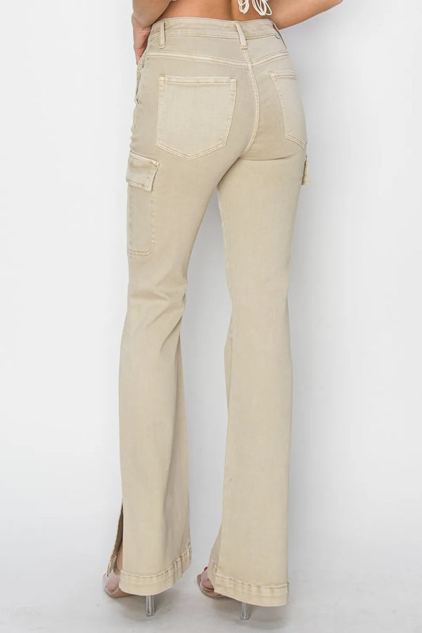 Back view of RISEN High Rise Side Slit Cargo Bootcut Jeans in stone with cargo pockets.