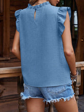 Back view of a frill mock neck ruffled cap sleeve blouse in sky blue, showing the ruffle neckline and clean back detail.