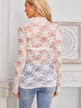 Back view of the Mock Neck Long Sleeve Lace Sheer Top in white, highlighting delicate floral lace and button keyhole closure at the neck.