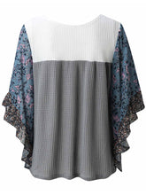 Back view of the BlossomEase Blouse in gray, featuring floral three-quarter sleeves and soft cotton blend.