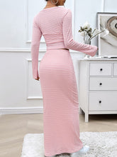 Back view of Bayline Striped Harmony Set in blush pink showing elastic waistband maxi skirt