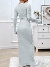 Back view of Bayline Striped Harmony Set in light gray showing elastic waistband maxi skirt