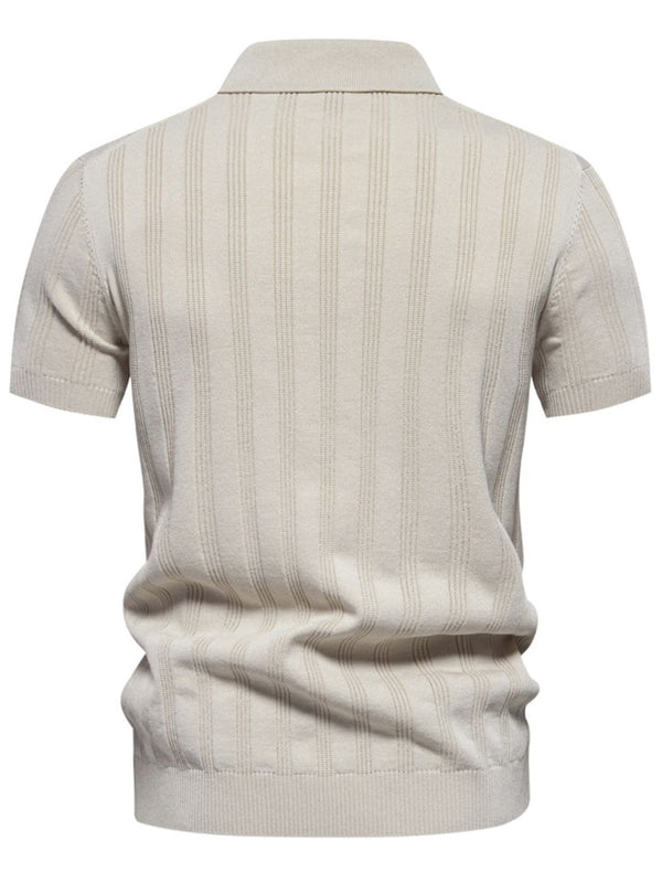 Back view of beige Onyx Luxe Knit Polo showing smooth back and short sleeves.