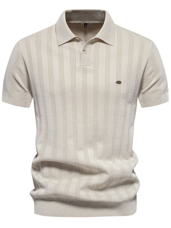 Front view of beige Onyx Luxe Knit Polo showing collared neck, embroidered detail, and two-button placket.