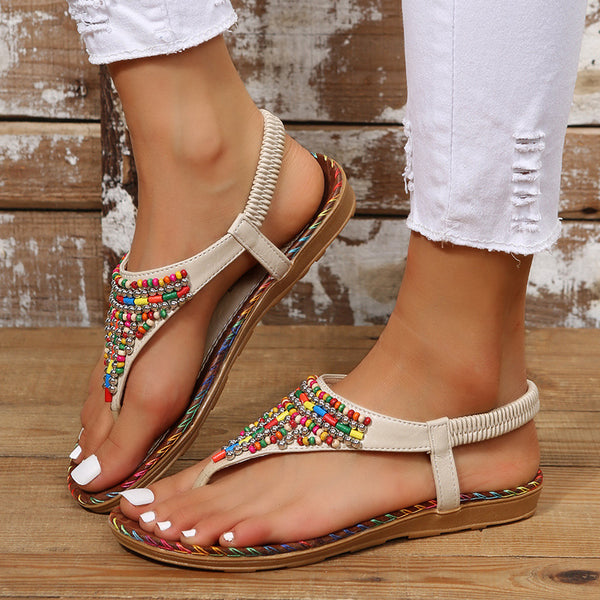 beige pair of PU Leather Beaded Flat Sandals, side view