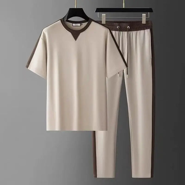 beige solynex trimflex summer set front view on hanger