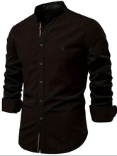 Front angle of men’s Black Aura Lift Zenith mandarin collar button-up shirt with foldable sleeves.