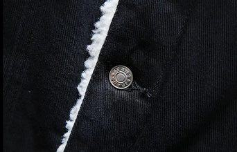 Black Wool-Lined Denim Winter Jacket zoomed in detail of single-breasted button closure.