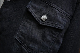 Black Wool-Lined Denim Winter Jacket close up of buttoned chest pocket detail.