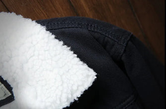 Black Wool-Lined Denim Winter Jacket close up of classic turn-down collar.
