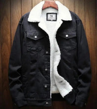 Black Wool-Lined Denim Winter Jacket,  front view on hanger