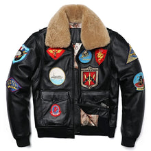 Black AeroVante Heritage G1 Flight Genuine Leather Cowhide Jacket with tan removable collar and military badges, front view.