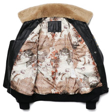 Black AeroVante Heritage G1 Flight Genuine Leather Cowhide Jacket opened to reveal quilted vintage map-print lining.