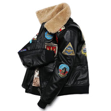 Black AeroVante Heritage G1 Flight Genuine Leather Cowhide Jacket side view with tan removable collar and ribbed hem.