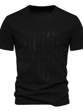 Front view of Black GeoLuxe Modern Embroidered Round Neck Tee showcasing geometric embroidery and clean round-neck design.