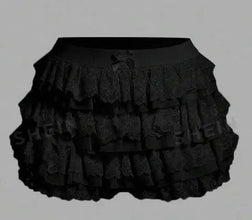 Black Lacéra Bloom Women’s Ruffle Lace Bow Shorts with layered ruffles and decorative bow, front view