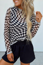 Front view of ChicGrid women’s checkered mock neck long sleeve blouse in black, featuring a flattering silhouette and modern checkered pattern.