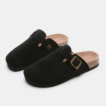 black suede closed toe buckle slide paired top lay