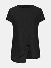 A close up front photo of the Black Full Size Ruched Wavy Textured Round Neck Short Sleeve T-Shirt.