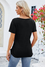 Back view of black ruched square neck short sleeve T-shirt with a clean, fitted back and classic short sleeves.