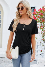 Front view of black square neck short sleeve T-shirt with gathered ruching detail at the bust.