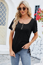 Side view of black ruched square neck short sleeve T-shirt, showing gathered bust detail and fitted silhouette from the side.
