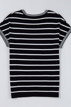 Back flat lay view of the black striped knit round neck short sleeve top, showing clean, classic design with short sleeves and fitted knit trim.