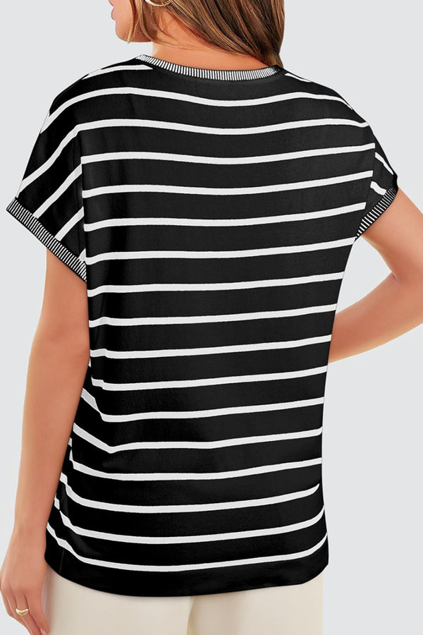 Back view of black striped knit round neck short sleeve top, showing clean, classic design with short sleeves and fitted knit trim.