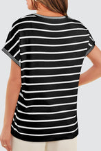 Back view of black striped knit round neck short sleeve top, showing clean, classic design with short sleeves and fitted knit trim.