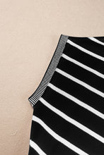 Close-up of soft striped knit fabric and knit trim detail on short sleeve top, in black.
