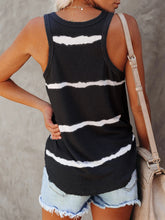 Rear shot of black tie-dye round neck tank with a subtle, faded dye design and clean sleeveless cut.