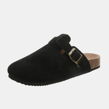 black suede closed toe buckle slide top lay one shoe