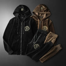 Black and coffee velvet hoodies and pants with embroidered logo