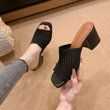 Models wearing black Block Heel Knit Sandals