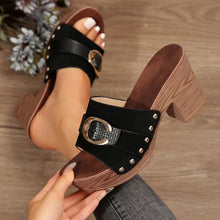 Model wearing black  Buckle Trim Block Heel Sandals