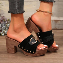 Model wearing black Buckle Trim Block Heel Sandals