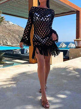 Black Fringe Breeze Long Sleeve Cutout Cover-Up front angle showing cutout waist and fringe hem details