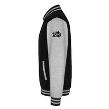 Black-Heather Grey men’s divine dominion heavyweight varsity jacket left-side view showing sleeve crown logo and striped ribbed trim detail
