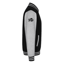 Black-Heather Grey men’s divine dominion heavyweight varsity jacket right-side view showing sleeve crown logo and striped ribbed trim detail