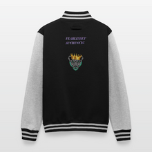 Black-heather grey women’s queen lioness heavyweight varsity jacket back view showing lioness graphic and fearlessly authentic text
