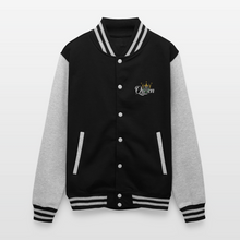 Black-Heather Grey women’s queen lioness heavyweight varsity jacket back view showing lioness graphic and fearlessly authentic text