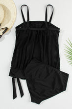 Black Marévia square neck spaghetti strap tankini set back flat lay