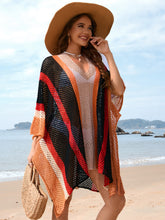 Side view of royal blue openwork color block plunge cover-up highlighting lightweight openwork knit and flattering silhouette