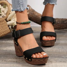 black pair of Peep Toe Block Heel Sandals front view 