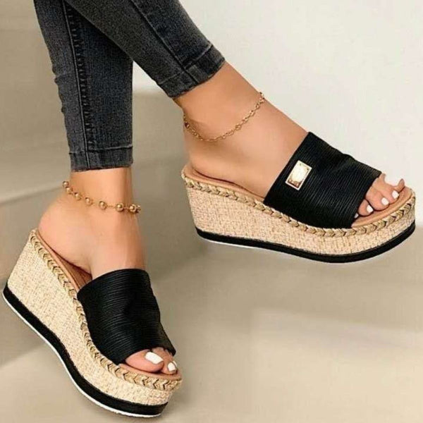Black PU Leather Open Toe Sandals side view on model styled with gold anklets