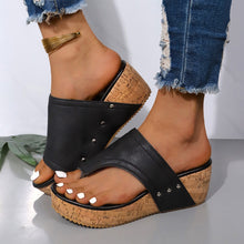 Model wearing black PU Leather Wedge Sandals