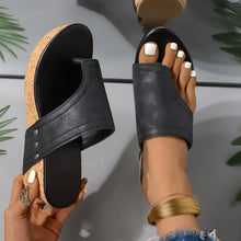 Model wearing black PU Leather Wedge Sandals